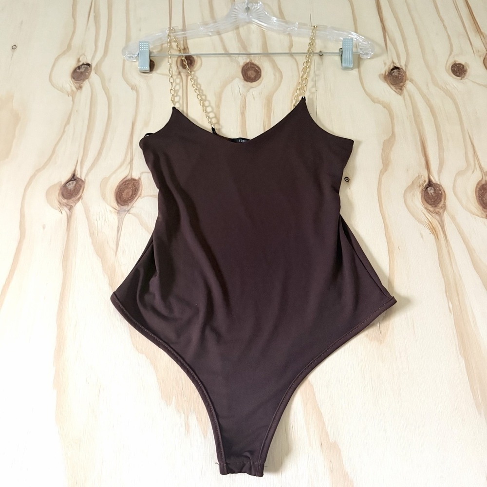 Forever 21 Body Suit Size Small Color Brown Gold Chain straps Club Wear